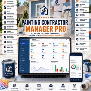 Może przedstawiać: Cyfrowy interfejs oprogramowania dla wykonawców malarskich zatytułowany Painting Contractor Manager Pro, wyświetlany na ekranie laptopa i smartfona, w otoczeniu puszki z farbą, wałka oraz listy funkcji zarządzania firmą.