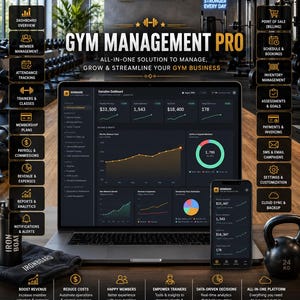 Può includere: Un computer portatile e uno smartphone che mostrano la dashboard di Ironboard Gym Management Pro, circondati da icone per la gestione dei membri, la fatturazione e la pianificazione. L'interfaccia mostra dati finanziari e tendenze.