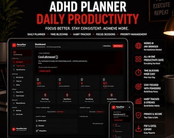ADHD Planner | Daily Productivity, Time Blocking, Habit Tracker (Digital Download)