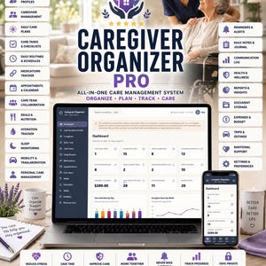Könnte beinhalten: Caregiver Organizer Pro Software auf einem Laptop- und Smartphone-Bildschirm. Die Benutzeroberfläche zeigt ein Dashboard mit Pflegeempfängerprofilen, Medikamenten-Trackern und Tagesplänen. Das System enthält Funktionen für die Zusammenarbeit im Pflegeteam.