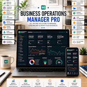 May include: A Business Operations Manager Pro software interface displayed on a laptop and smartphone screen. The dashboard features data visualizations, financial metrics, and project tracking tools. Surrounding icons represent management modules.