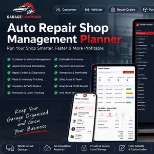 May include: A digital auto repair shop management software interface displayed on a laptop, tablet, and smartphone. The screen shows dashboards with repair orders, parts inventory, and business analytics. Text includes Garage Command and Auto Repair Shop Management Planner.
