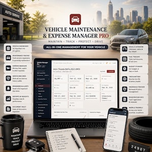 May include: A digital vehicle maintenance and expense management software displayed on a laptop and smartphone, featuring a checklist, a black mug with white text, a car key fob, a wrench, and a digital odometer reading 24,987 miles.