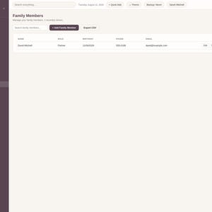 May include: A digital interface for the Working Mom Planner Pro application, featuring a dark purple sidebar with navigation categories and a light-colored main dashboard displaying a family members table with columns for name, role, birthday, phone, and email.