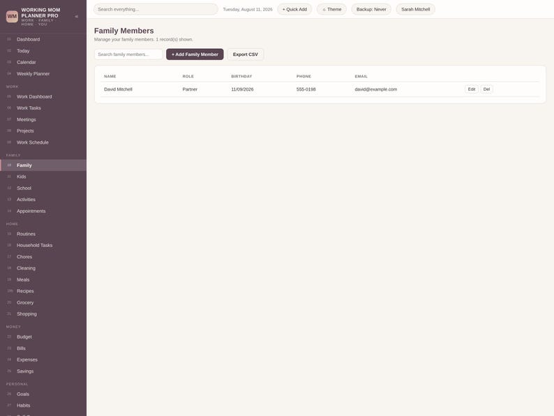 May include: A digital interface for the Working Mom Planner Pro application, featuring a dark purple sidebar with navigation categories and a light-colored main dashboard displaying a family members table with columns for name, role, birthday, phone, and email.