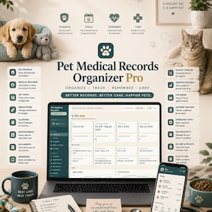 Könnte beinhalten: Ein digitales Pet Medical Records Organizer Pro Dashboard auf einem Laptop und Smartphone, mit Funktionen zur Gesundheitsüberwachung, Verwaltung medizinischer Unterlagen, Terminkalendern und Wachstumscharts für Haustiere.