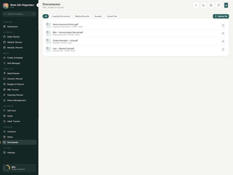 May include: A digital dashboard interface titled Mom Life Organizer featuring a dark sidebar with navigation links and a main light-colored area displaying a list of documents including Home Insurance Policy, Immunization Record, and receipts.