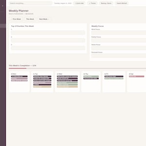 May include: A digital weekly planner interface titled Working Mom Planner Pro with a dark sidebar menu, a top navigation bar, and a main dashboard area featuring sections for Top 3 Priorities, Weekly Focus, and a daily schedule for Monday through Sunday.
