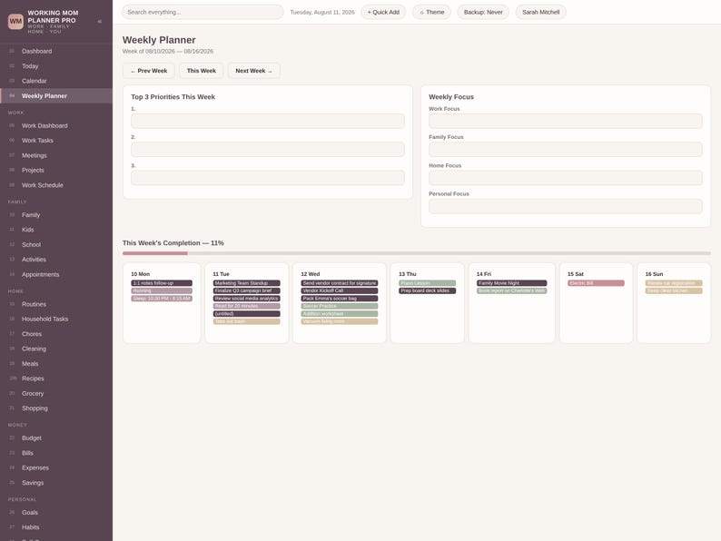 May include: A digital weekly planner interface titled Working Mom Planner Pro with a dark sidebar menu, a top navigation bar, and a main dashboard area featuring sections for Top 3 Priorities, Weekly Focus, and a daily schedule for Monday through Sunday.