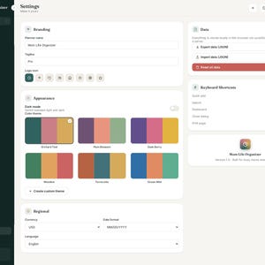 May include: A digital settings interface for the Mom Life Organizer Pro application. The screen displays sections for Branding, Appearance with various color themes, Data management, Keyboard Shortcuts, and Regional settings like currency and language.