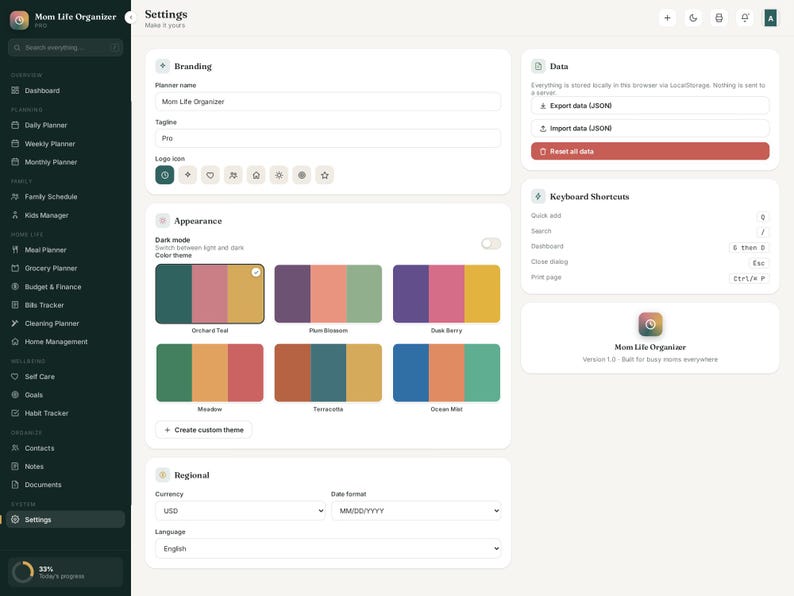 May include: A digital settings interface for the Mom Life Organizer Pro application. The screen displays sections for Branding, Appearance with various color themes, Data management, Keyboard Shortcuts, and Regional settings like currency and language.