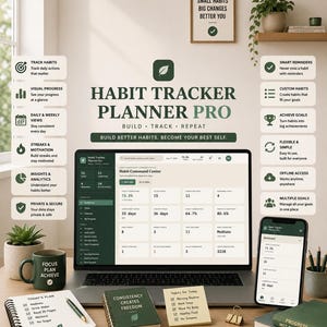 May include: A digital habit tracker planner pro displayed on a laptop and smartphone screen, surrounded by a notebook, a green mug with the text FOCUS PLAN ACHIEVE, a small journal, sticky notes, and a pen, all featuring a dark green leaf logo.