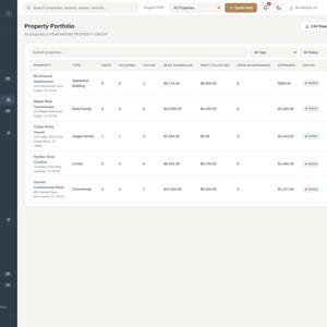 Pode incluir: Uma interface de painel de gest&atilde;o de propriedades intitulada Property Portfolio, com um menu de navega&ccedil;&atilde;o lateral escuro e uma tabela principal clara que exibe nomes de propriedades, tipos, unidades, ocupa&ccedil;&atilde;o e despesas.