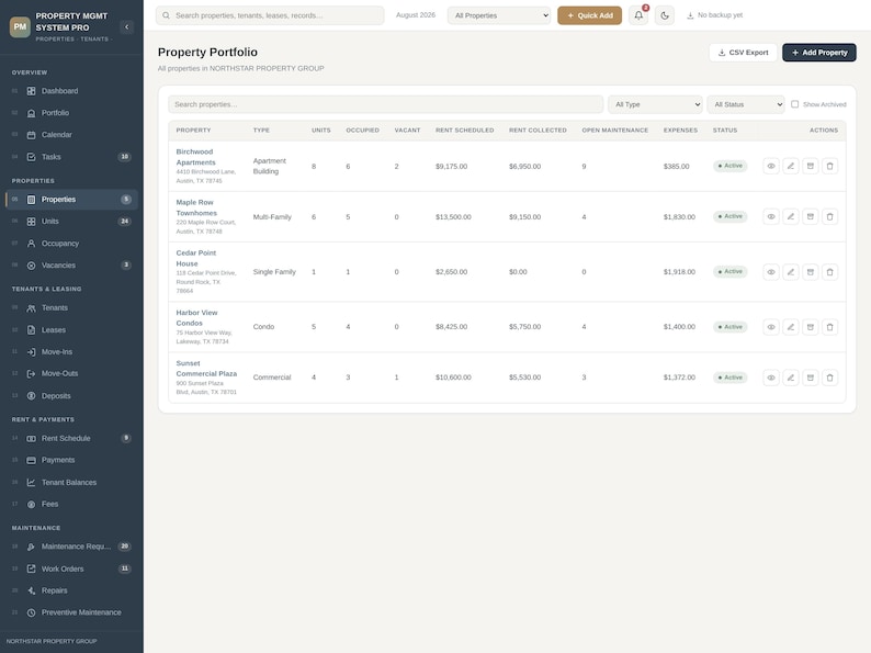 Pode incluir: Uma interface de painel de gest&atilde;o de propriedades intitulada Property Portfolio, com um menu de navega&ccedil;&atilde;o lateral escuro e uma tabela principal clara que exibe nomes de propriedades, tipos, unidades, ocupa&ccedil;&atilde;o e despesas.