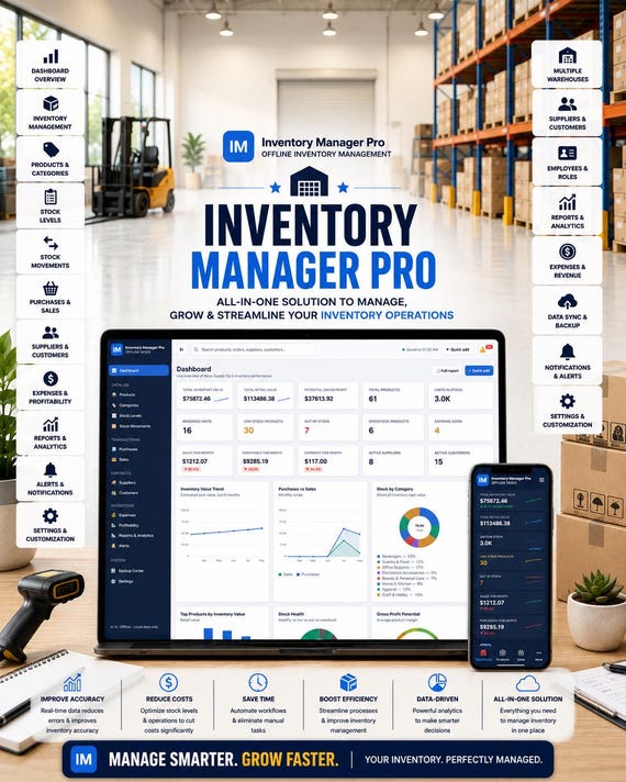 Inventory Manager Pro, Offline HTML Stock Tracker, Sales Purchases Reports