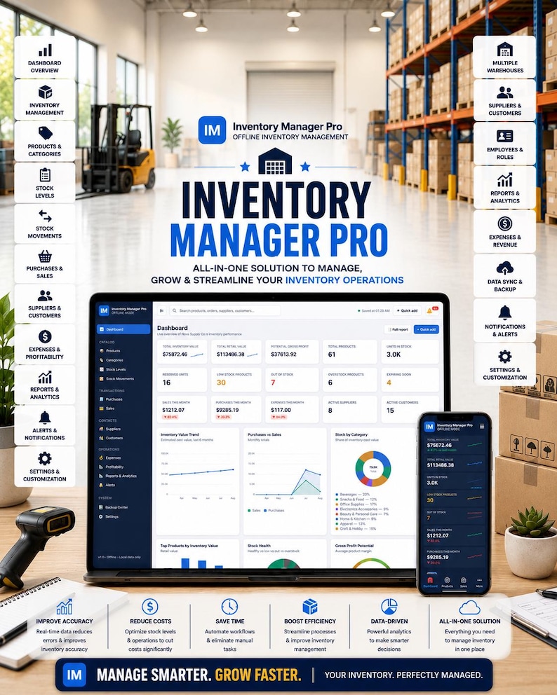May include: A digital display of Inventory Manager Pro software on a laptop and smartphone screen, featuring dashboard analytics, inventory charts, and icons for warehouse management, surrounded by a warehouse background with text.