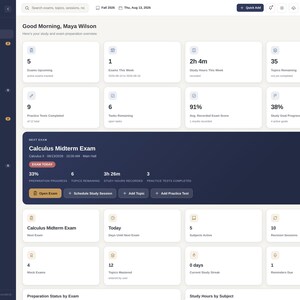 May include: A digital study and exam planner dashboard interface featuring a dark blue sidebar navigation menu and a light-colored main workspace. The screen displays various metrics, including upcoming exams, study hours, and progress bars for academic tasks.