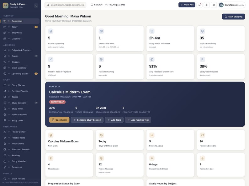 May include: A digital study and exam planner dashboard interface featuring a dark blue sidebar navigation menu and a light-colored main workspace. The screen displays various metrics, including upcoming exams, study hours, and progress bars for academic tasks.