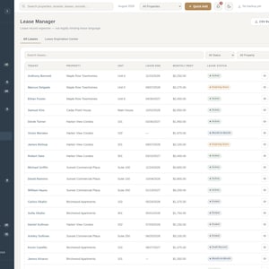 Pode incluir: Uma interface de painel digital intitulada Lease Manager exibindo uma tabela de registros de loca&ccedil;&atilde;o de im&oacute;veis. O layout inclui um menu de navega&ccedil;&atilde;o lateral escuro e uma &aacute;rea de conte&uacute;do principal com colunas para nomes de inquilinos, endere&ccedil;os de propriedades, n&uacute;meros de unidade, datas de t&eacute;rmino de contrato, aluguel mensal e indicadores de status de loca&ccedil;&atilde;o.