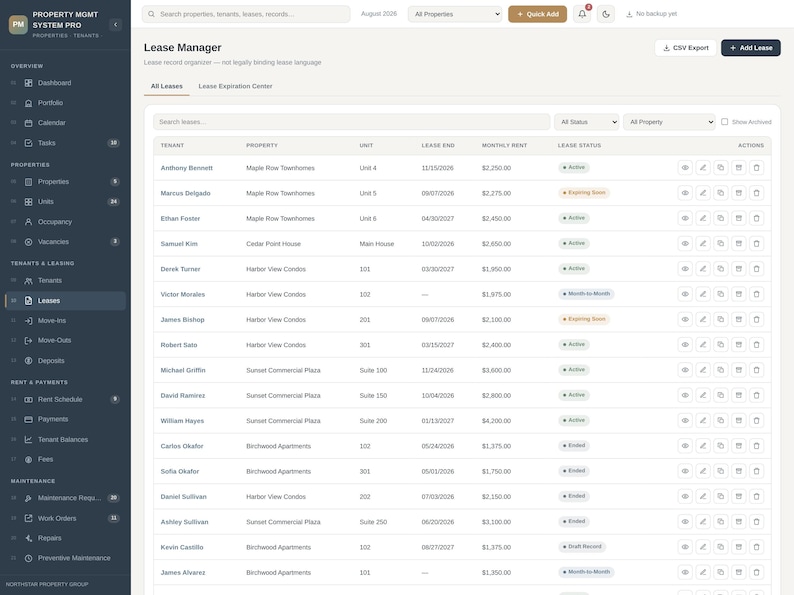 Pode incluir: Uma interface de painel digital intitulada Lease Manager exibindo uma tabela de registros de loca&ccedil;&atilde;o de im&oacute;veis. O layout inclui um menu de navega&ccedil;&atilde;o lateral escuro e uma &aacute;rea de conte&uacute;do principal com colunas para nomes de inquilinos, endere&ccedil;os de propriedades, n&uacute;meros de unidade, datas de t&eacute;rmino de contrato, aluguel mensal e indicadores de status de loca&ccedil;&atilde;o.