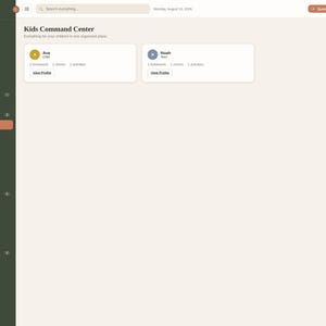 K&ouml;nnte beinhalten: Eine digitale Benutzeroberfl&auml;che mit dem Titel Kids Command Center und einer dunkelgr&uuml;nen Seitenleiste mit Navigationssymbolen. Der Hauptbereich zeigt zwei wei&szlig;e Profilkarten f&uuml;r Ava und Noah mit Angaben zu Hausaufgaben und Aktivit&auml;ten.