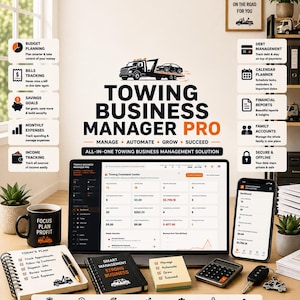 Può includere: Una dashboard digitale intitolata Towing Business Manager Pro visualizzata su un laptop e uno smartphone, circondata da un taccuino, una calcolatrice, una tazza e schede informative che descrivono la gestione aziendale.