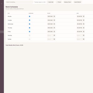 May include: A digital interface titled Working Mom Planner Pro displaying a Work Schedule page. The layout features a sidebar with navigation categories and a main table listing days of the week with checkboxes, start times, and end times.