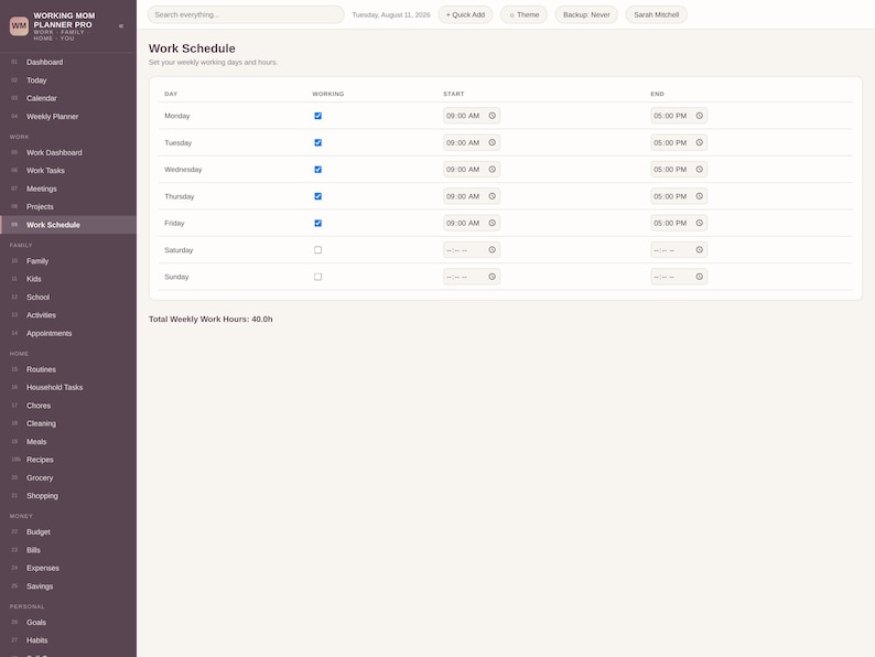 May include: A digital interface titled Working Mom Planner Pro displaying a Work Schedule page. The layout features a sidebar with navigation categories and a main table listing days of the week with checkboxes, start times, and end times.