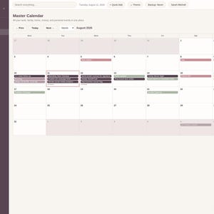 May include: A digital master calendar interface titled Working Mom Planner Pro, featuring a monthly view for August 2026. The layout includes a dark sidebar with navigation categories, a top search bar, and a grid displaying scheduled events in various colored blocks.