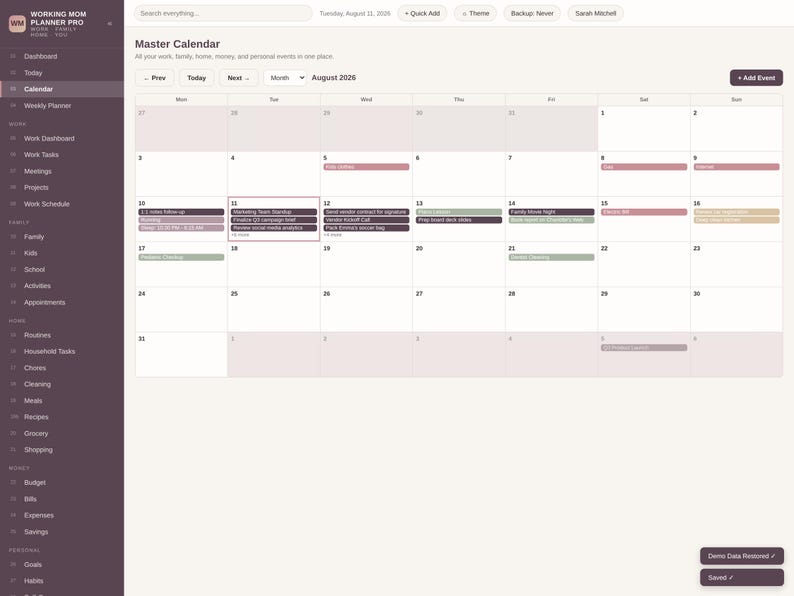 May include: A digital master calendar interface titled Working Mom Planner Pro, featuring a monthly view for August 2026. The layout includes a dark sidebar with navigation categories, a top search bar, and a grid displaying scheduled events in various colored blocks.