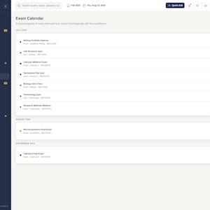 May include: A digital interface titled Exam Calendar displaying a list of academic assessments organized by month. The dark sidebar features navigation links for dashboard, subjects, exams, and study tools, while the main area lists exams.