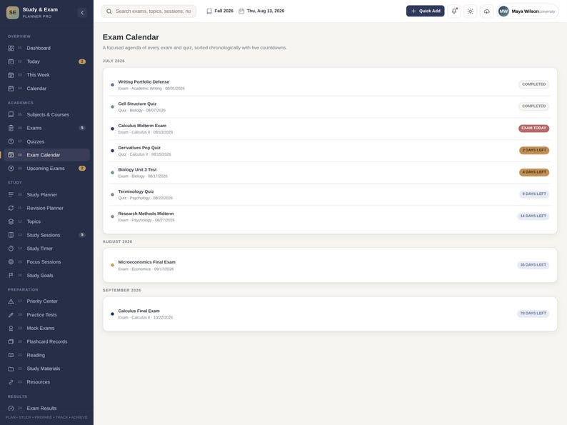 May include: A digital interface titled Exam Calendar displaying a list of academic assessments organized by month. The dark sidebar features navigation links for dashboard, subjects, exams, and study tools, while the main area lists exams.