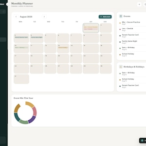 May include: A digital monthly planner interface titled Mom Life Organizer featuring a calendar view for August 2026, a sidebar with navigation links, an events list, a birthdays and holidays section, and a circular event mix chart at the bottom.