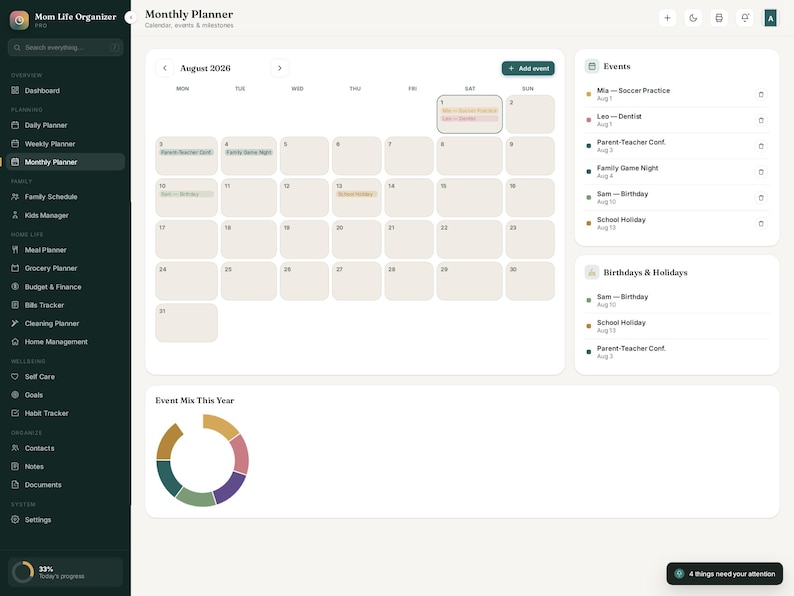 May include: A digital monthly planner interface titled Mom Life Organizer featuring a calendar view for August 2026, a sidebar with navigation links, an events list, a birthdays and holidays section, and a circular event mix chart at the bottom.