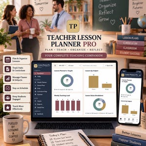 May include: A digital teacher lesson planner software displayed on a laptop and smartphone screen, featuring data dashboards, charts, and task lists. The interface includes text labels like Teacher Lesson Planner Pro, Plan, Teach, Organize, Reflect.