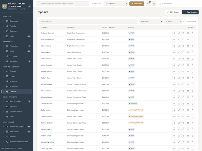 Pode incluir: Uma interface de painel digital intitulada Property Mgmt System Pro exibindo uma tabela de dep&oacute;sitos de inquilinos. A tabela inclui colunas para nomes de inquilinos, locais de propriedades, valores de dep&oacute;sito e indicadores de status.