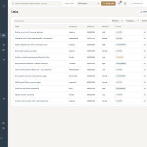 Pode incluir: Uma interface de painel digital intitulada Property Mgmt System Pro exibindo uma tabela de gerenciamento de tarefas. A tabela inclui colunas para nome da tarefa, categoria, data de vencimento, prioridade e status das atividades listadas.