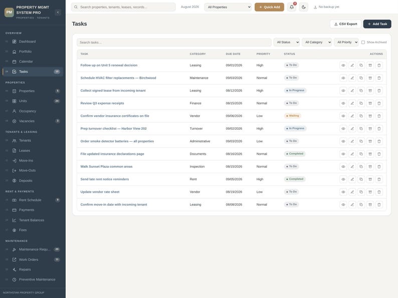 Pode incluir: Uma interface de painel digital intitulada Property Mgmt System Pro exibindo uma tabela de gerenciamento de tarefas. A tabela inclui colunas para nome da tarefa, categoria, data de vencimento, prioridade e status das atividades listadas.