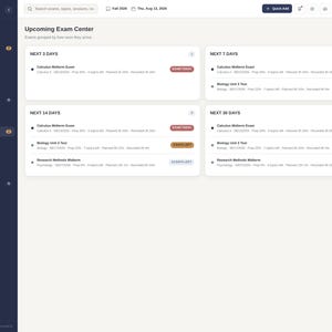 May include: A digital dashboard interface titled Study & Exam Planner Pad featuring an Upcoming Exam Center. The layout displays exam schedules categorized by timeframes including Next 3 Days, Next 7 Days, Next 14 Days, and Next 30 Days.