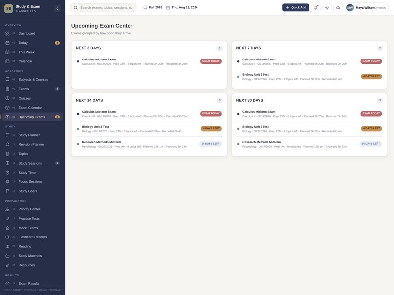 May include: A digital dashboard interface titled Study & Exam Planner Pad featuring an Upcoming Exam Center. The layout displays exam schedules categorized by timeframes including Next 3 Days, Next 7 Days, Next 14 Days, and Next 30 Days.