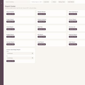 May include: A digital interface titled Working Mom Planner Pro showing a Report Center dashboard. The layout features a dark sidebar with navigation links and a main area with white rectangular cards for generating reports like Daily Schedule, Weekly Planner, and Budget Report, each with a Generate & Print button.