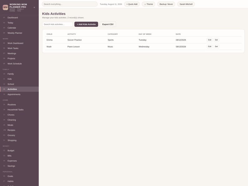 May include: A digital interface for the Working Mom Planner Pro showing a Kids Activities dashboard. The dark sidebar lists categories like Dashboard, Calendar, and Activities. The main area displays a table with columns for Child, Activity, Category, Day of Week, and Date.