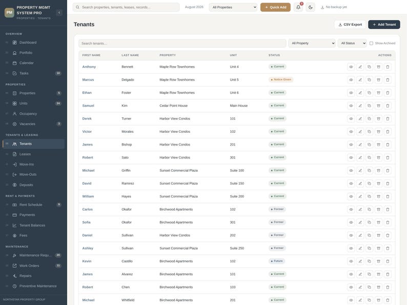 Pode incluir: Uma interface de software de gest&atilde;o de propriedades exibindo uma tabela de lista de inquilinos. A barra lateral inclui navega&ccedil;&atilde;o para painel, portf&oacute;lio e manuten&ccedil;&atilde;o. A tabela principal mostra colunas para nome, sobrenome e status.