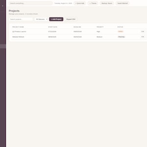 May include: A digital interface for the Working Mom Planner Pro featuring a dark purple sidebar with navigation links and a light-colored main dashboard. The Projects page displays a table with columns for project name, start date, deadline, priority, and status.