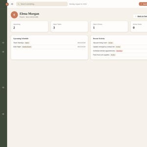 K&ouml;nnte beinhalten: Eine digitale Dashboard-Oberfl&auml;che mit dem Titel Family Organizer Command Center, einem dunkelgr&uuml;nen Seitenmen&uuml; und einem hellbeigen Arbeitsbereich. Sie zeigt das Profil Elena Morgan, anstehende Termine, offene Aufgaben und Aktivit&auml;ten.