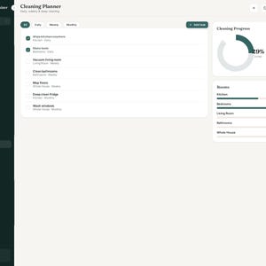May include: A digital cleaning planner interface titled Mom Life Organizer featuring a dark sidebar with navigation menus, a central task list with checkboxes, and a right-hand panel displaying cleaning progress as a circular chart and room status bars.