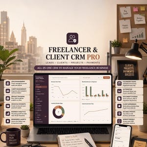May include: A laptop displaying a CRM dashboard with charts and data, surrounded by a notebook with a to-do list, a smartphone, a mug labeled Focus Plan Execute Succeed, glasses, and a pen, all set against a city skyline background.