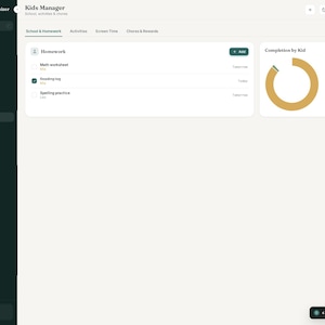 May include: A digital dashboard interface titled Mom Life Organizer featuring a Kids Manager section. The screen displays a homework list with items like Math worksheet and Reading log, alongside a circular completion chart and a sidebar menu.