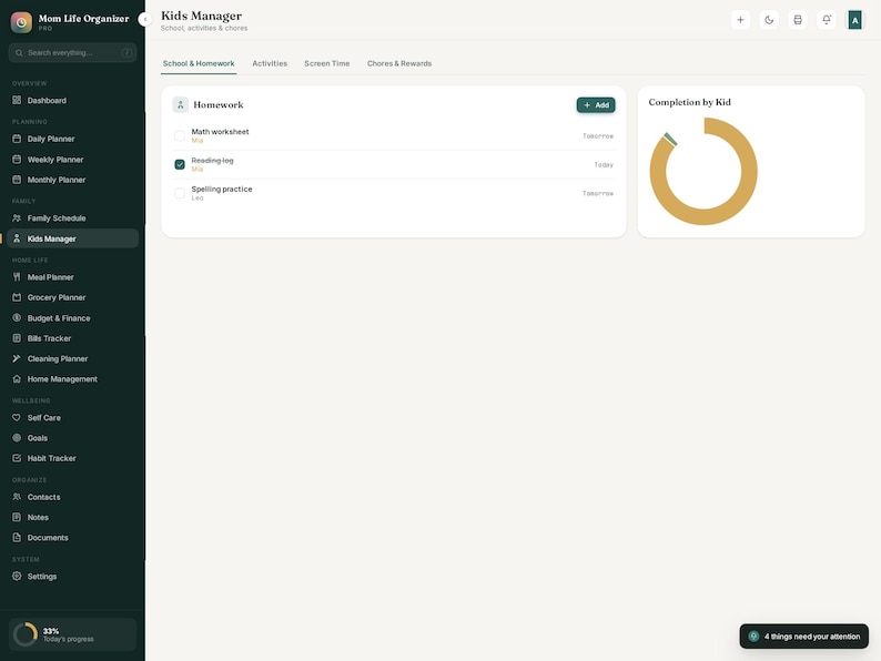 May include: A digital dashboard interface titled Mom Life Organizer featuring a Kids Manager section. The screen displays a homework list with items like Math worksheet and Reading log, alongside a circular completion chart and a sidebar menu.