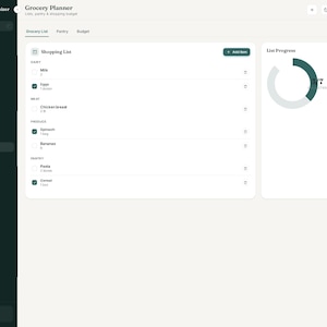 May include: A digital grocery planner interface titled Mom Life Organizer featuring a dark sidebar menu, a central shopping list with categorized items like milk, eggs, and chicken, and a circular list progress chart showing three of seven items completed.